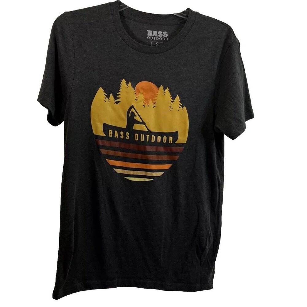 Bass Outdoor Men’s Dark Gray Graphic T-shirt Size S Sunset Sunrise Forest